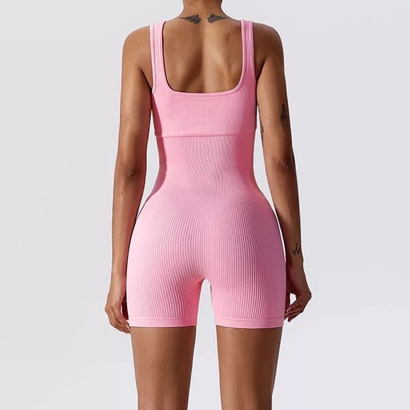 Ortorex Pretty Pink Ribbed Knit Inner Panel Sleeveless One Piece Romper Jumpsuit - Picture 4 of 15